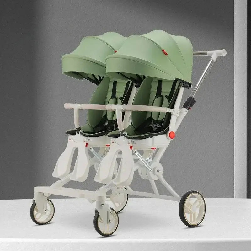 Twin strollers designed for children aged 6 months to 3 years, featuring recycled fabric and foldable high-carbon steel frame.