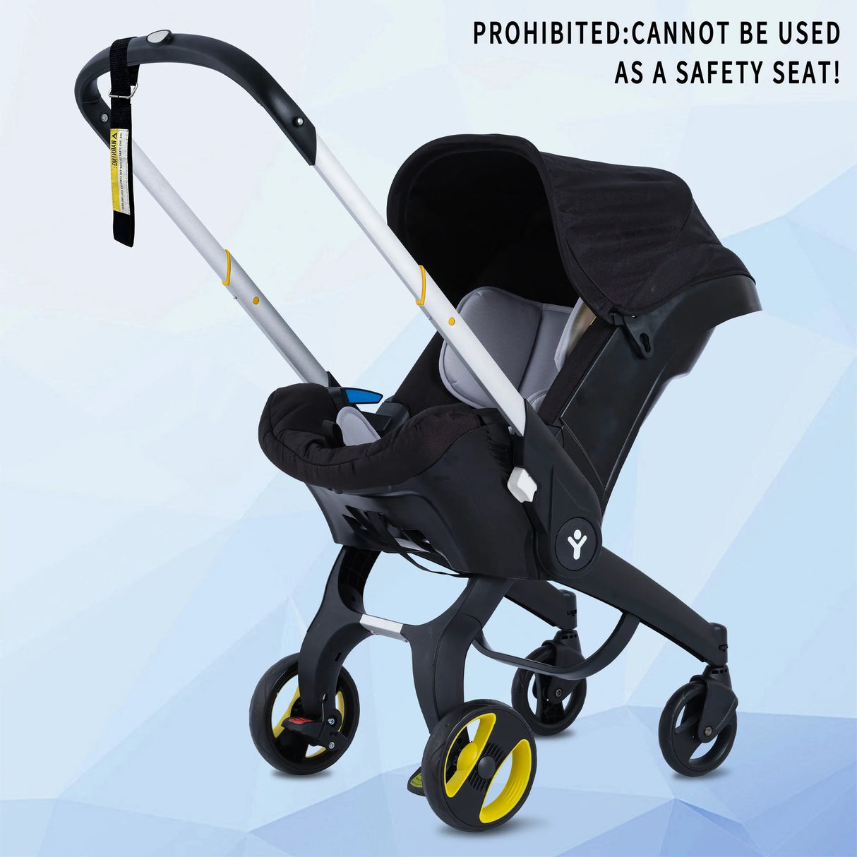 Foldable baby stroller designed for ages 0-2 years, featuring a sleek black design and safety warning against using as a car seat.