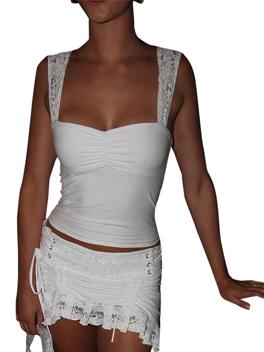 White lace strap pleated camisole tank top for women, perfect for summer styling and casual wear.