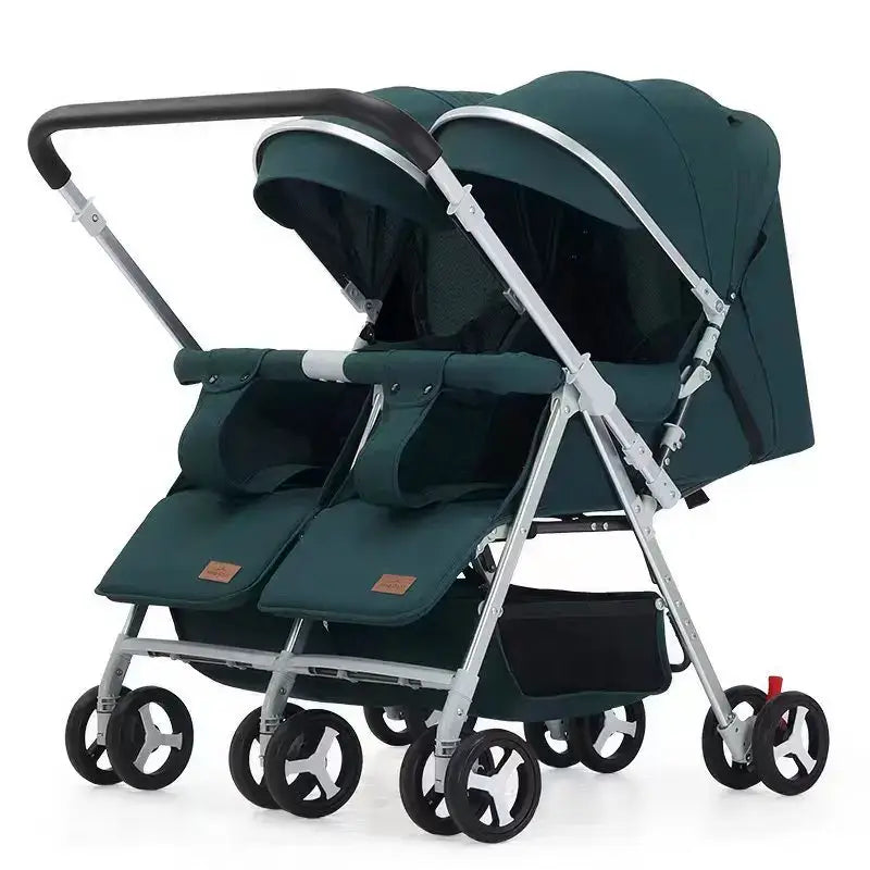 2025 New Twin Baby Stroller in green with reversible seats, designed for infants aged 0-3 years, foldable and lightweight.