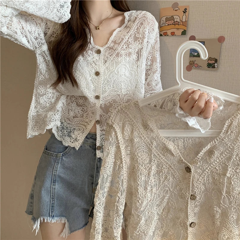 SheerCharm™ lace sun shirt with buttons, long sleeve, stylish summer blouse for women.