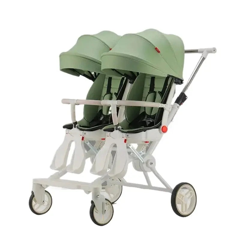 Twin strollers for two children, features green canopies and a foldable design, ideal for kids aged 6 months to 3 years.