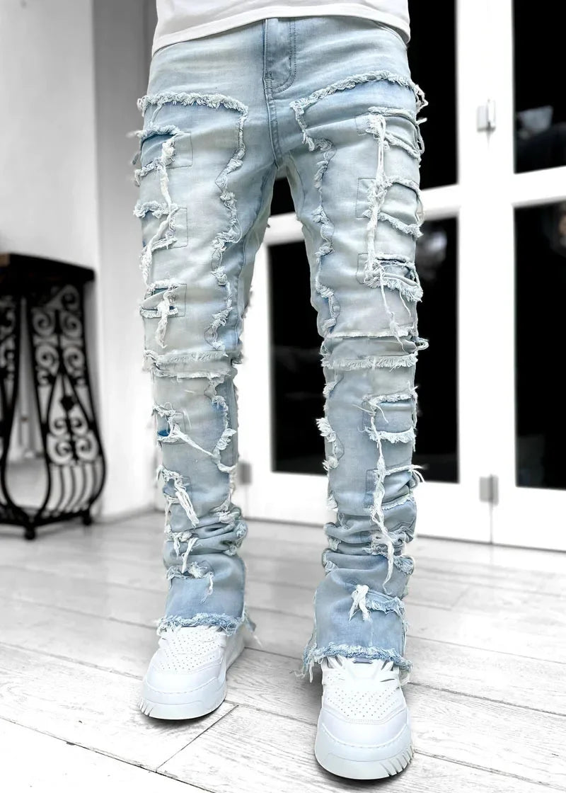 Men Stacked Ripped Jeans