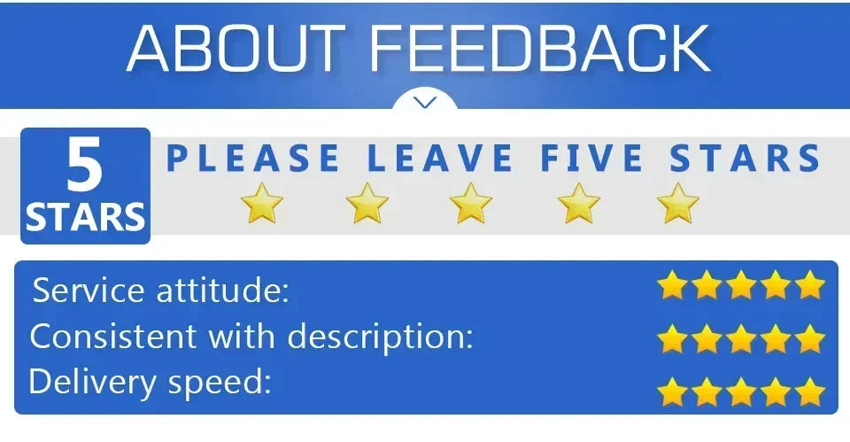 Five-star feedback request graphic highlighting service attitude, description consistency, and delivery speed ratings.
