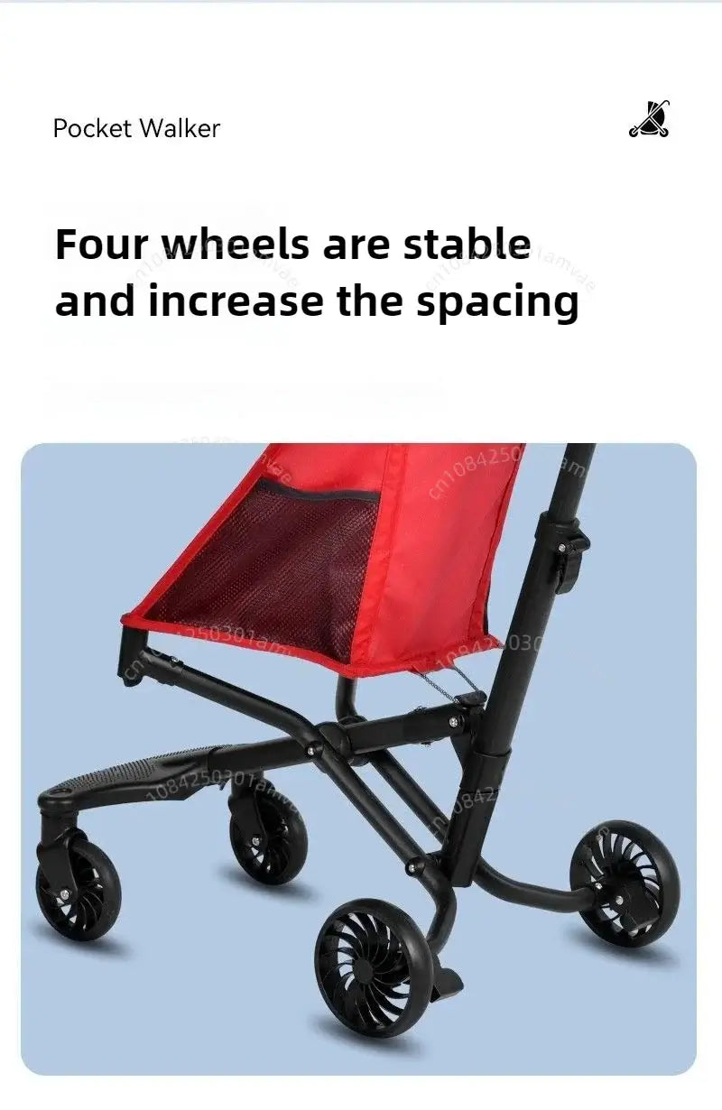 Lightweight pocket walker with four stable wheels, designed for increased stability and space for babies.