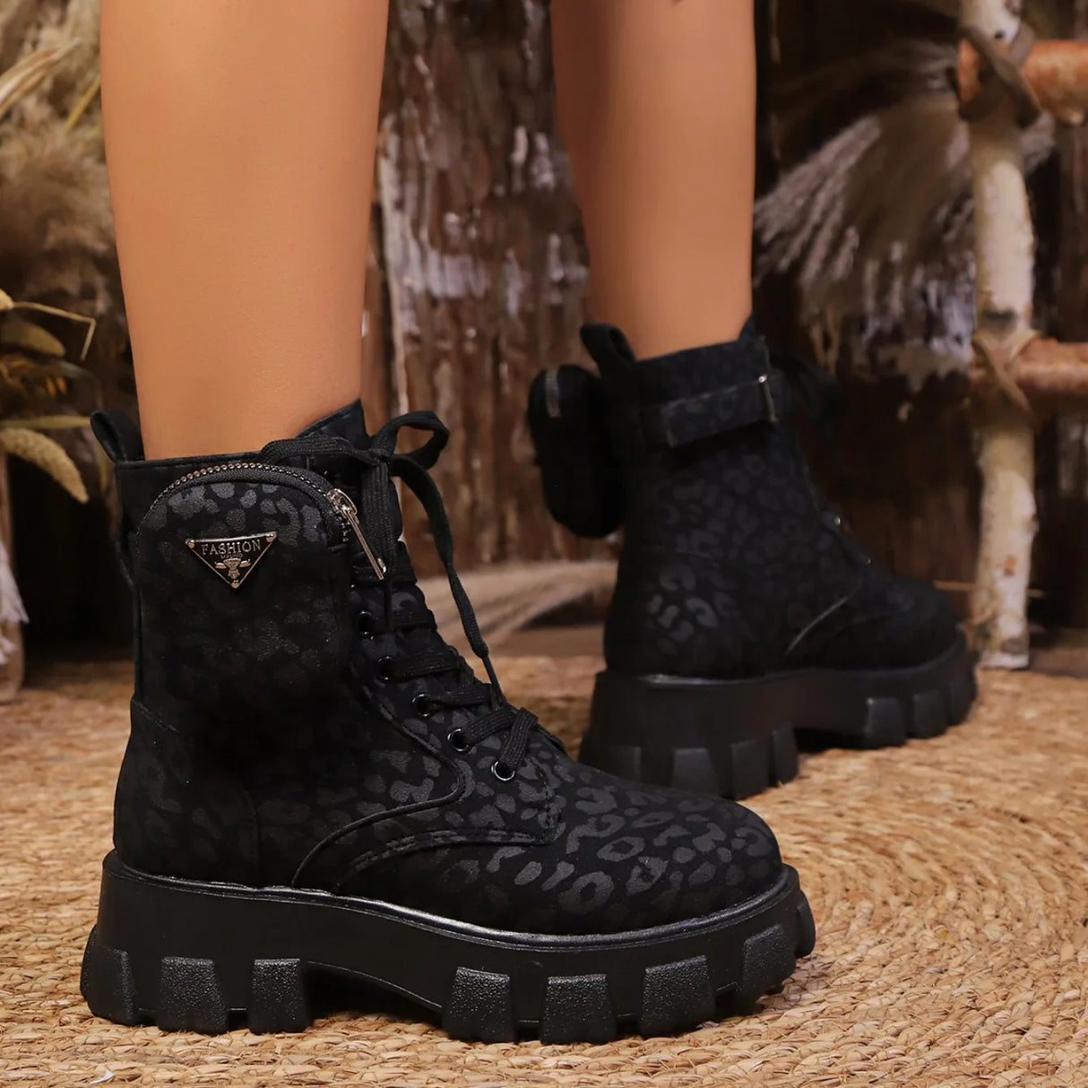 Women Leopard Print Ankle Boots – Winter High Heel Platform Shoes