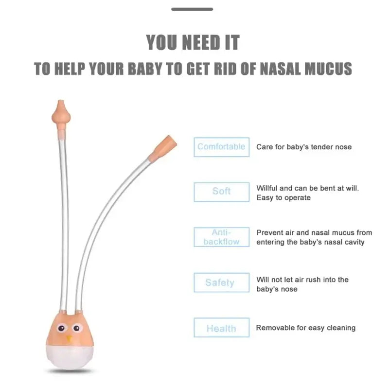 Infant nasal aspirator showing a cartoon design, highlighting comfort, safety, and health for baby nasal mucus removal.