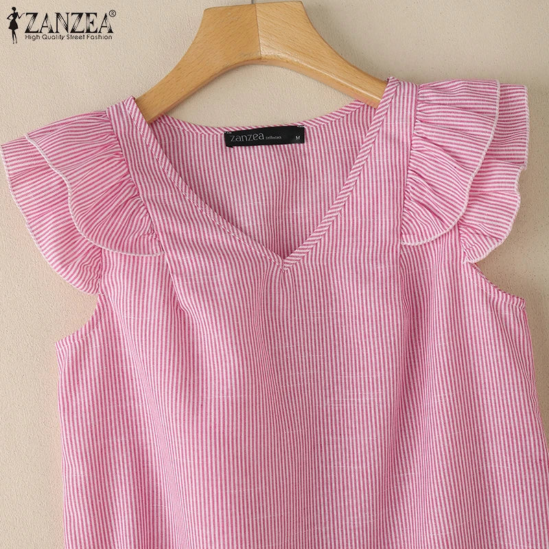 بلوزة نسائية مخططة بدون أكمام وفتحة رقبة على شكل حرف V