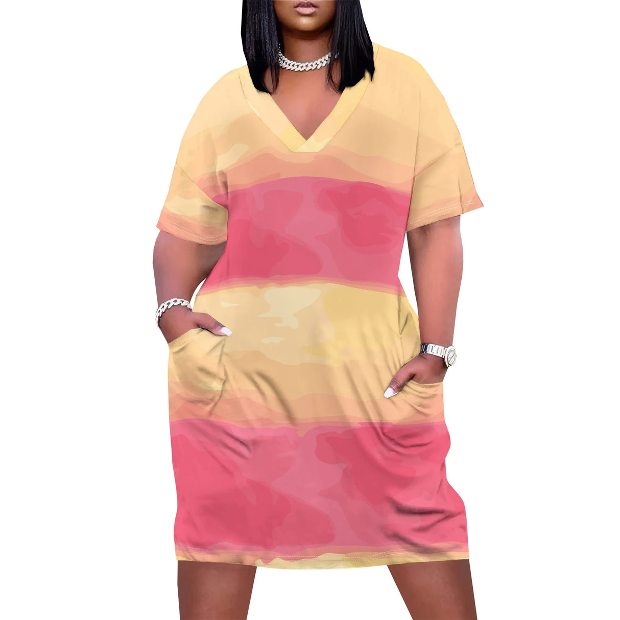 فستان شاطئ نسائي برقبة على شكل حرف V وزهرة عباد الشمس