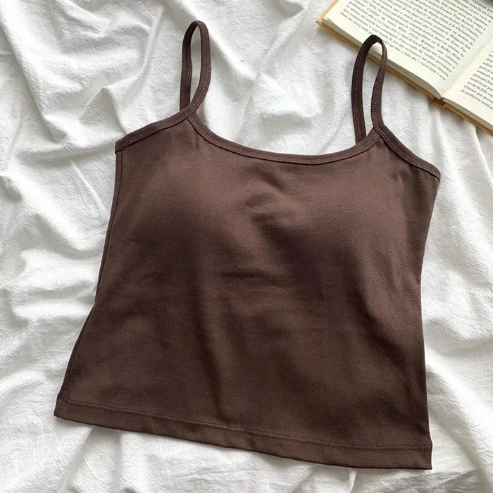 CottoForm™ padded cotton camisole in brown, slim fit, summer sleeveless design on a white textured background.