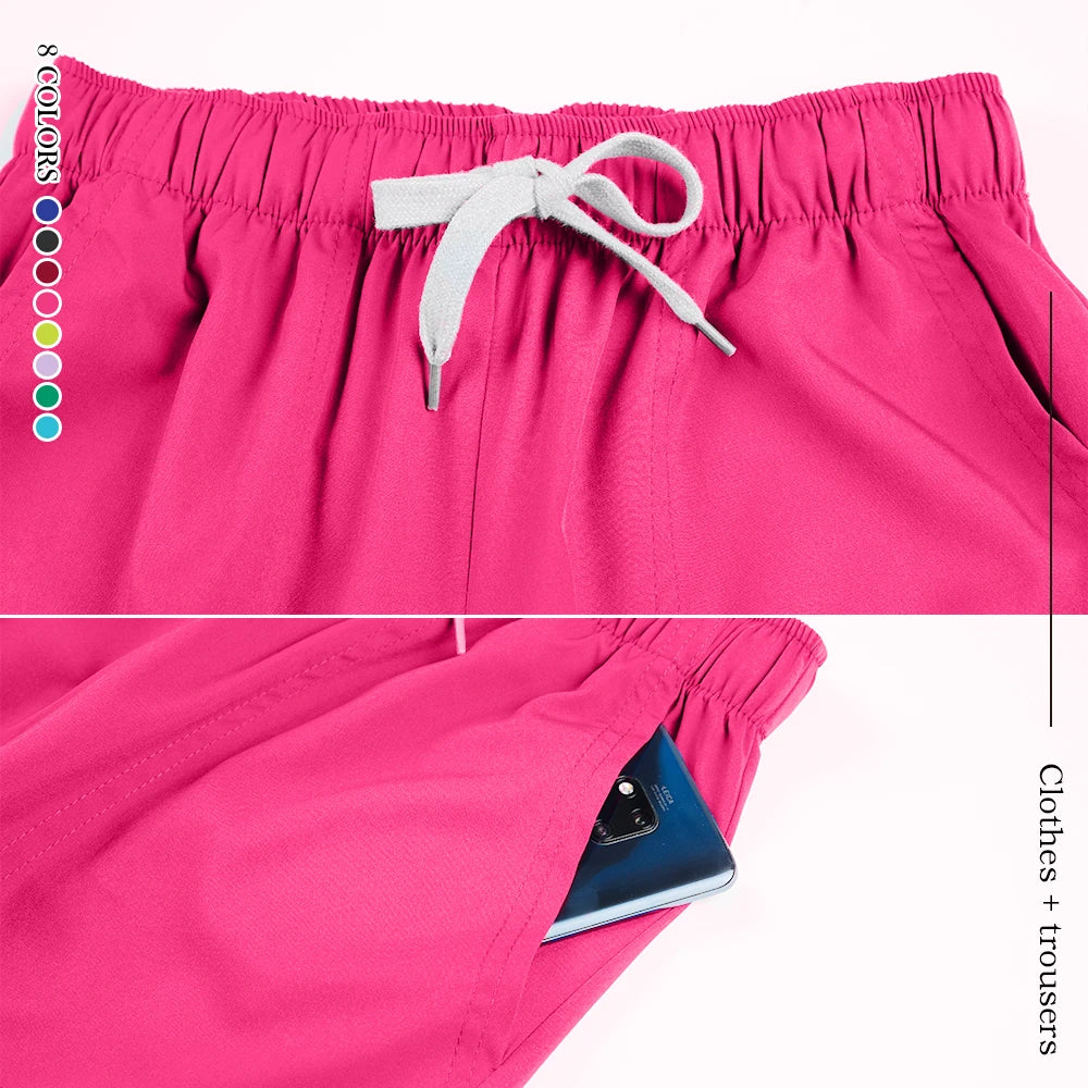Women’s medical scrub pants in vibrant pink with an elastic waistband and side pocket for convenience.