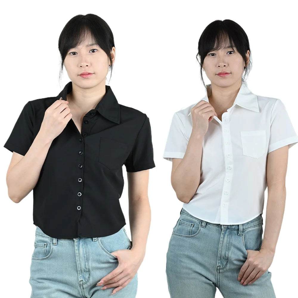 LapelCurve™ short sleeve slim fit women's blouse in black and white, perfect for professional settings or casual wear.