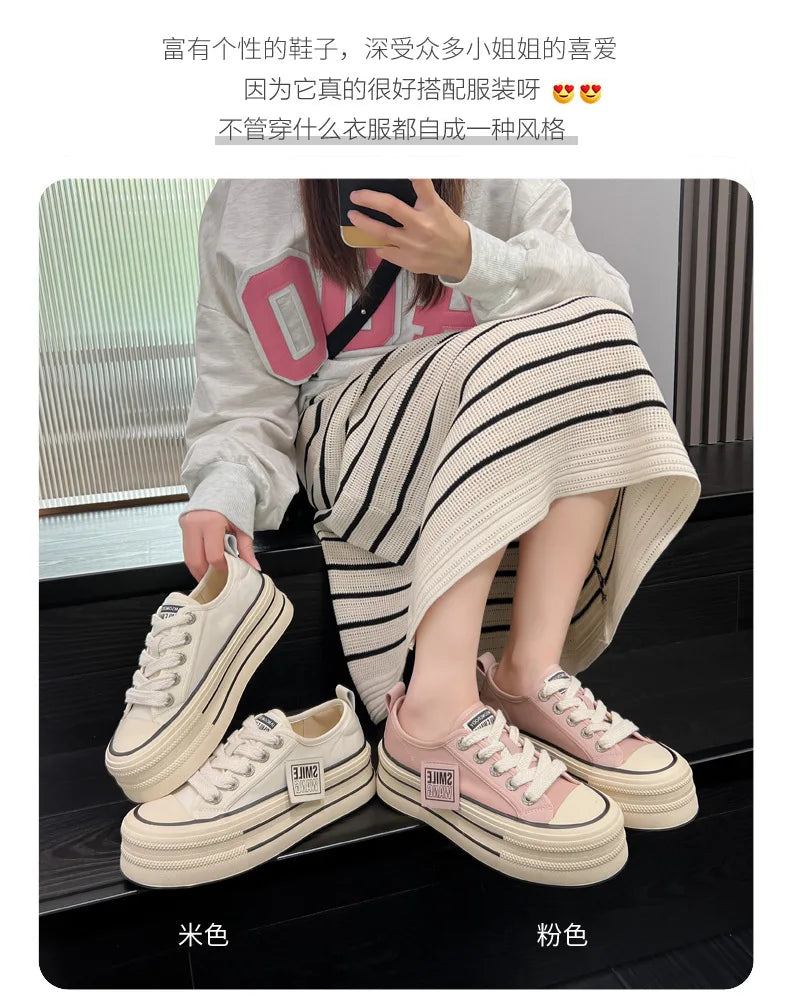 Women Canvas Shoes Black White Platform Sneakers