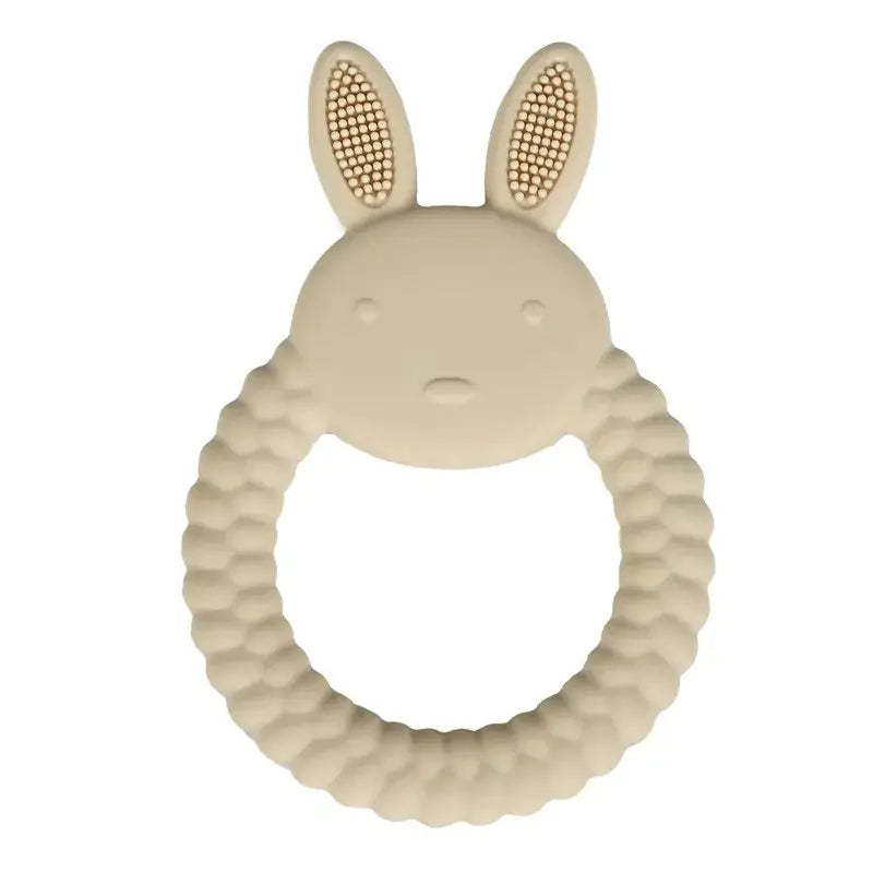 Soft silicone baby teether glove shaped like a bunny, designed for relieving teething pain in infants.