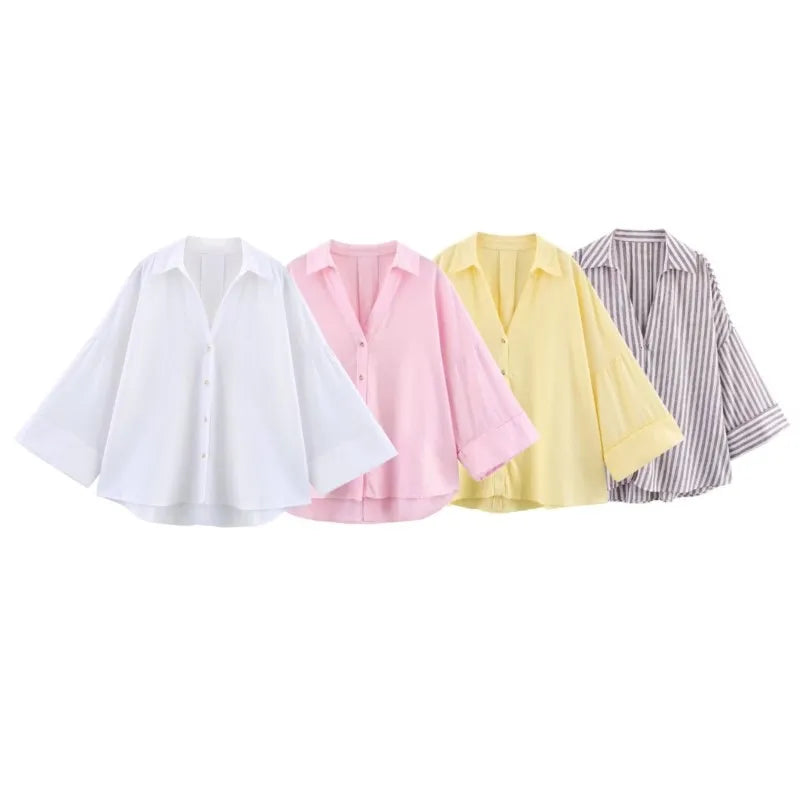 AsymLinen™ wide sleeve linen shirts in white, pink, yellow, and striped patterns, featuring a loose fit and button-down design.