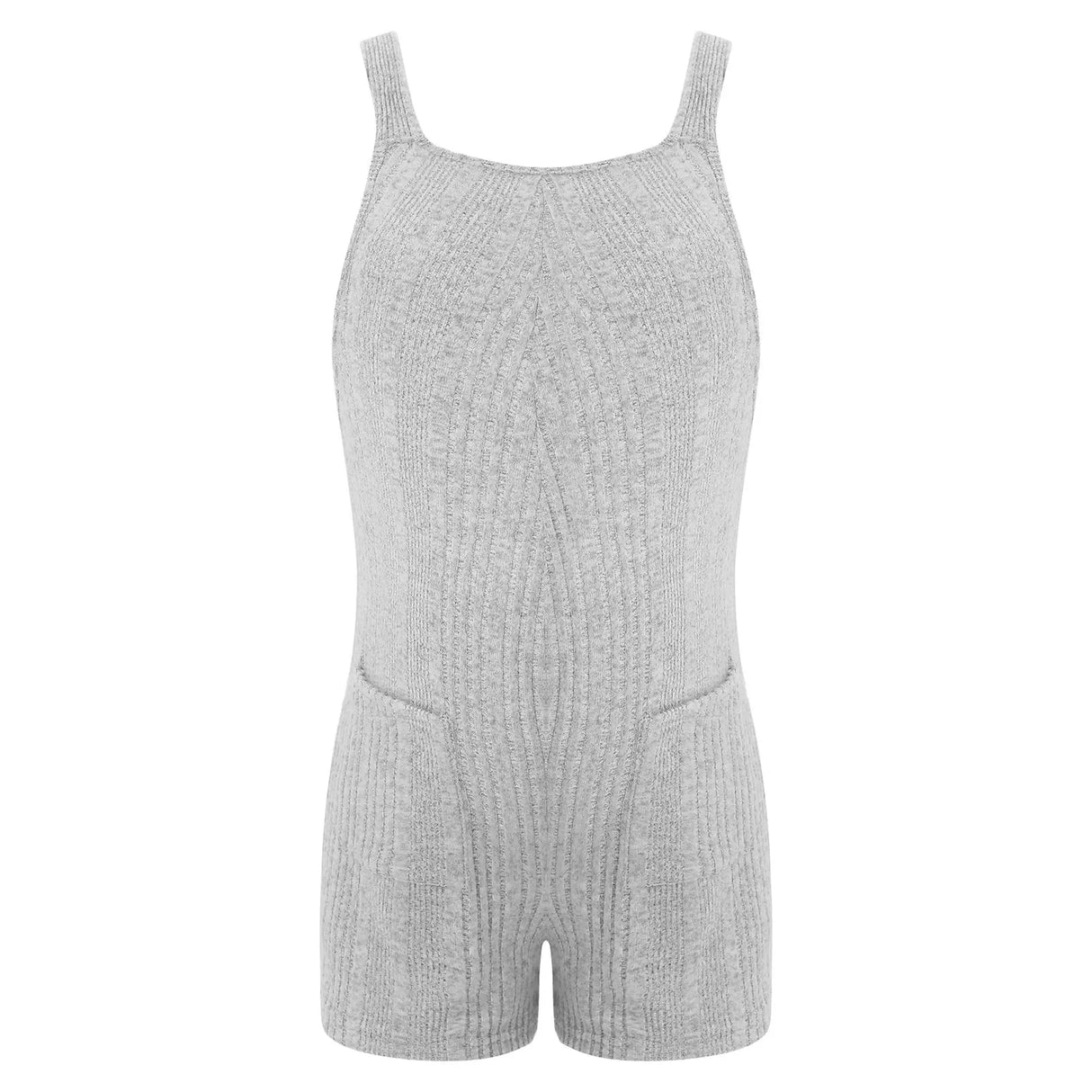 Sleeveless ribbed maternity jumpsuit in light gray, casual overall style for summer, made from cotton blend.