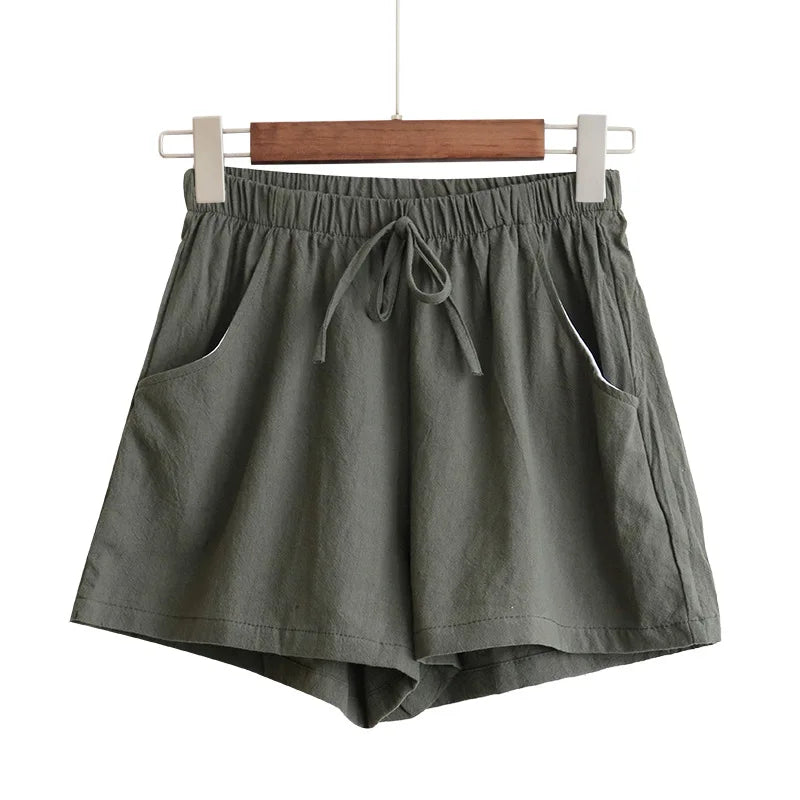 Women Cotton Linen High Waist Shorts