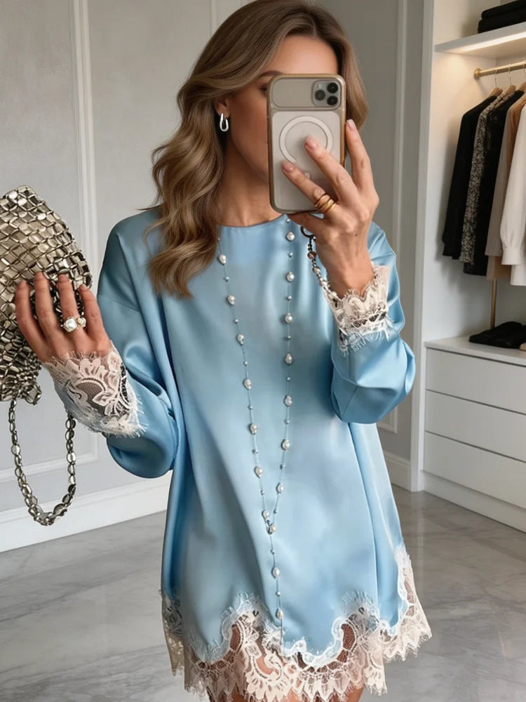 Elegant Satin Lace Midi Dress