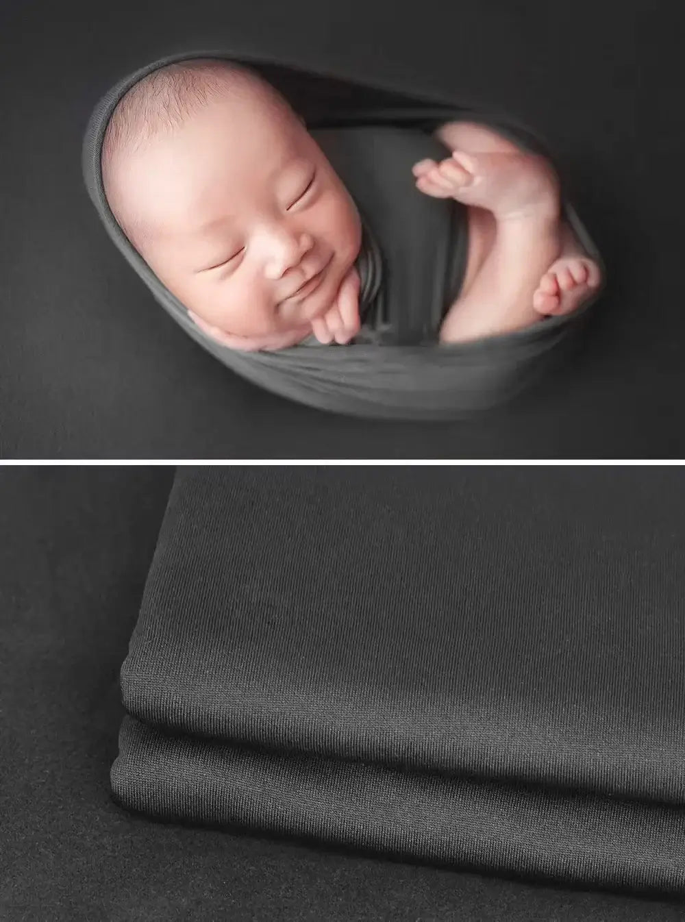 Newborn soft wrap blanket in gray, featuring a peaceful baby swaddled, ideal for photography and comfort.