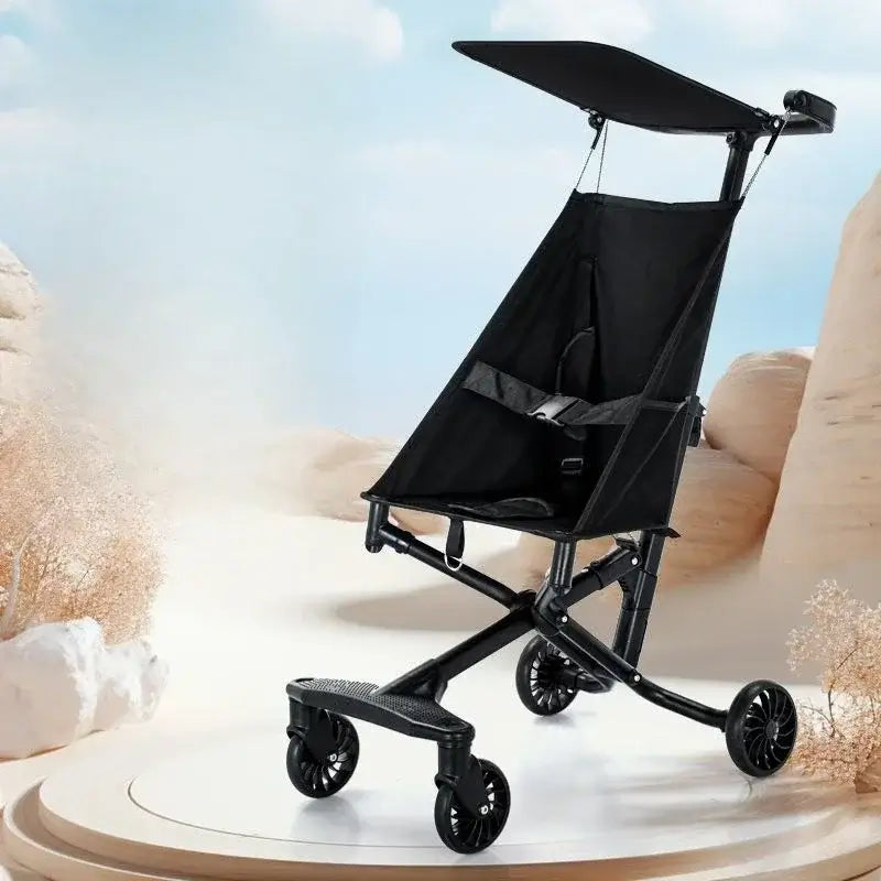 Lightweight black baby stroller with a sunshade, designed for children aged 1-6 years, featured on a sandy background.