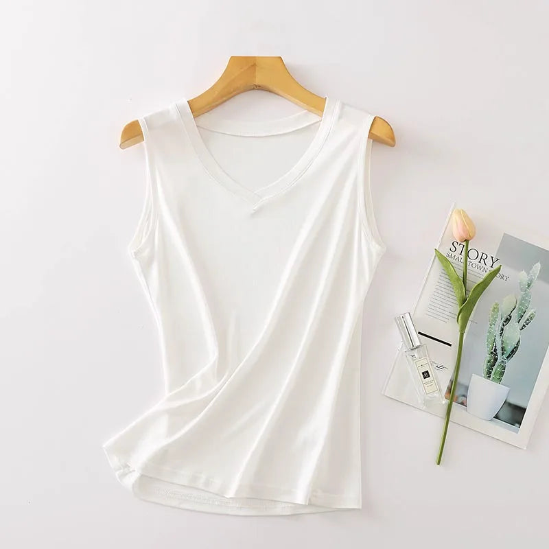 Silkaire™ 100% Mulberry Silk V-Neck Strap Top for women, premium solid white sleepwear vest.