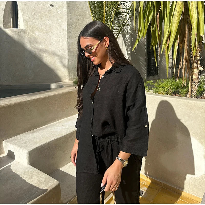 طقم بنطال نسائي من القطن بقصة واسعة