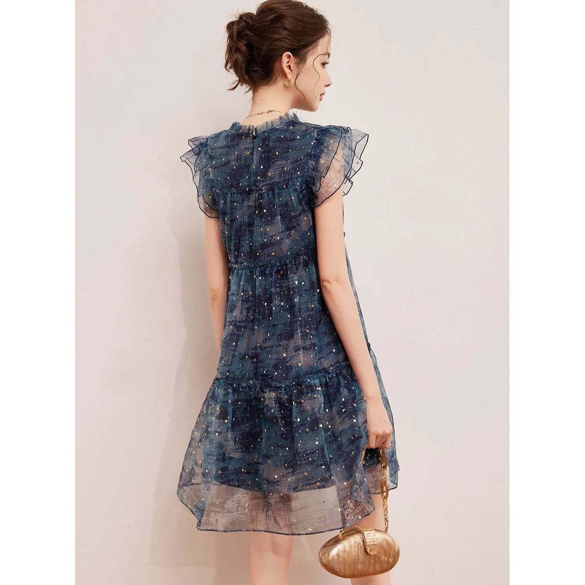 Women’s LOUIS YAO sparkling dress with flounced edges, perfect for summer outings, shown in blue with patchwork design.