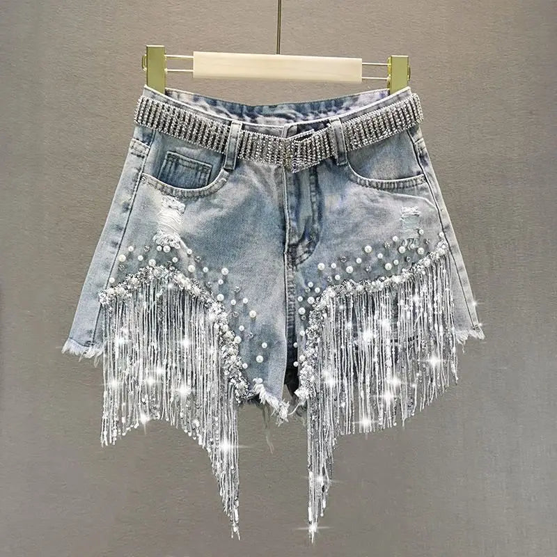 GlamBeads™ – Beaded Sequin Denim Shorts (Fringed, Broken Copper Style)