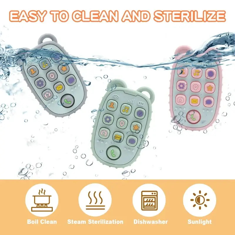 Baby teether gloves in water, showcasing easy cleaning methods: boil, steam, dishwasher, and sunlight.