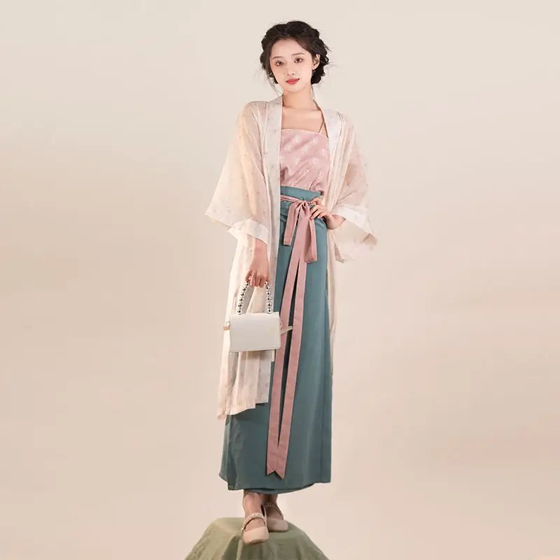 Song Dynasty Hanfu three-piece outfit for women, featuring a stylish top, skirt, and shawl, made from high-quality polyester.