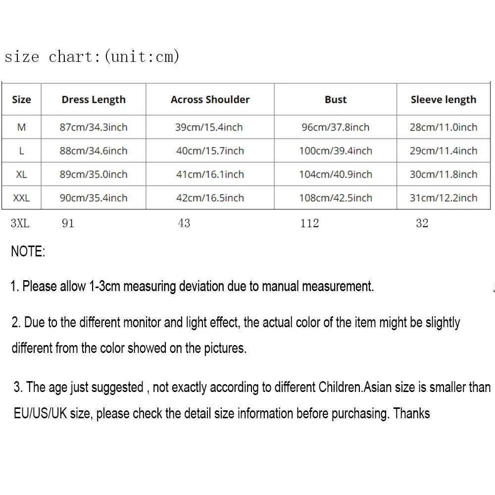 Size chart for Loose Korean Cartoon Cat Maternity Dress showing dimensions for M, XL, XXL, and 3XL in centimeters.