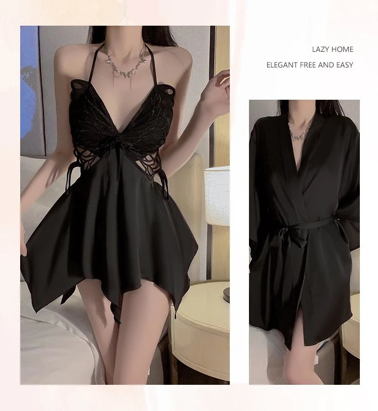 طقم نوم نسائي مع روب فيونكة