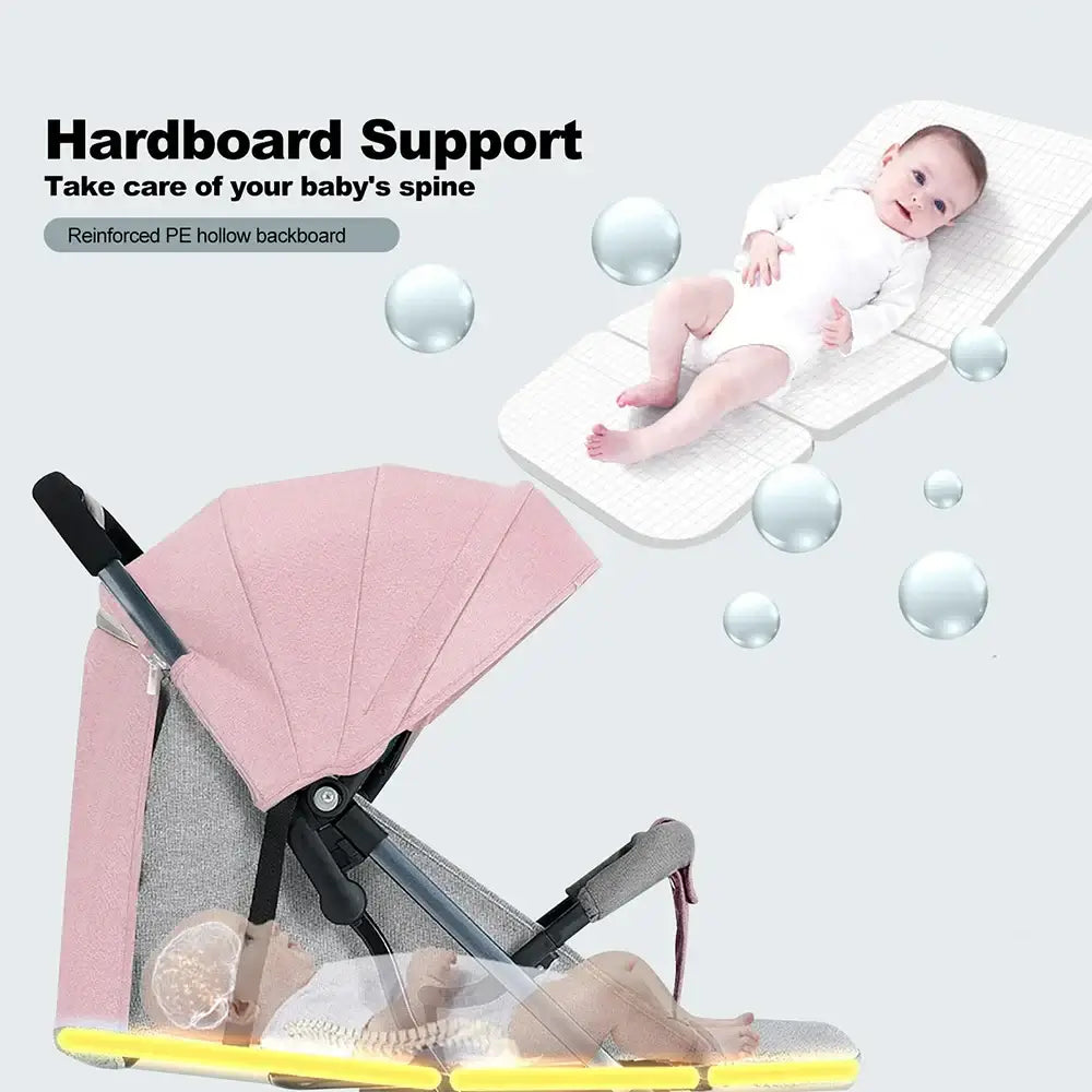 Lightweight baby stroller with hardboard support for spine care, featuring a pink canopy and reinforced backboard.