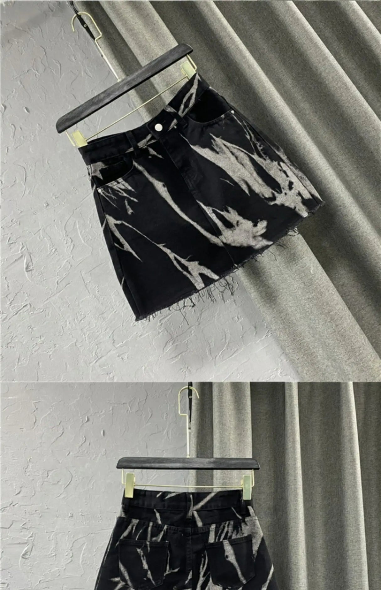 DyeDrape™ – Tie-Dye Short Denim Skirt (Black Gray, Fringed A-Line)