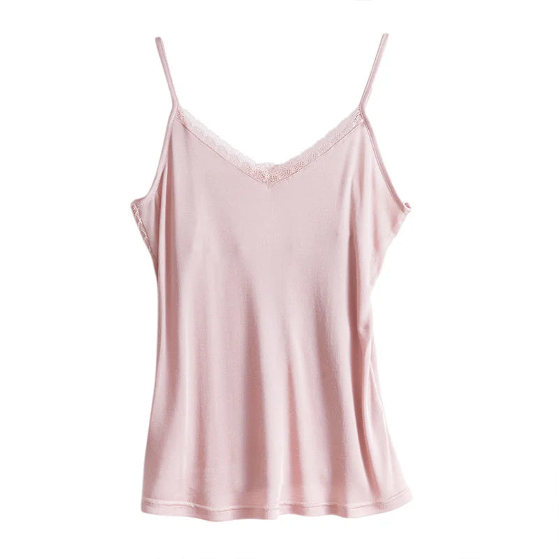 LuxeLace™ Silk Camisole Tank Top in soft pink, sleeveless with V-neck and lace trim for women's comfortable fit.