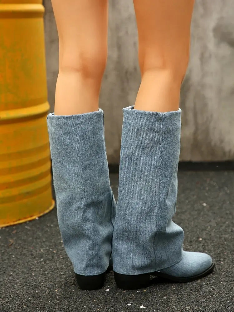 Women’s Knee High Cowboy Denim Boots 2025