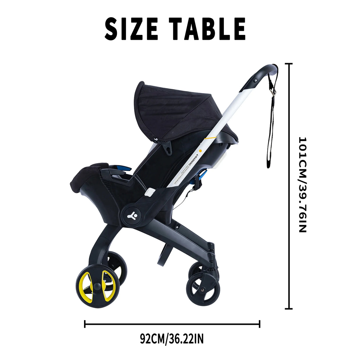 Size table for the foldable baby stroller, displaying dimensions of 92cm x 101cm, ideal for ages 0-2 years.