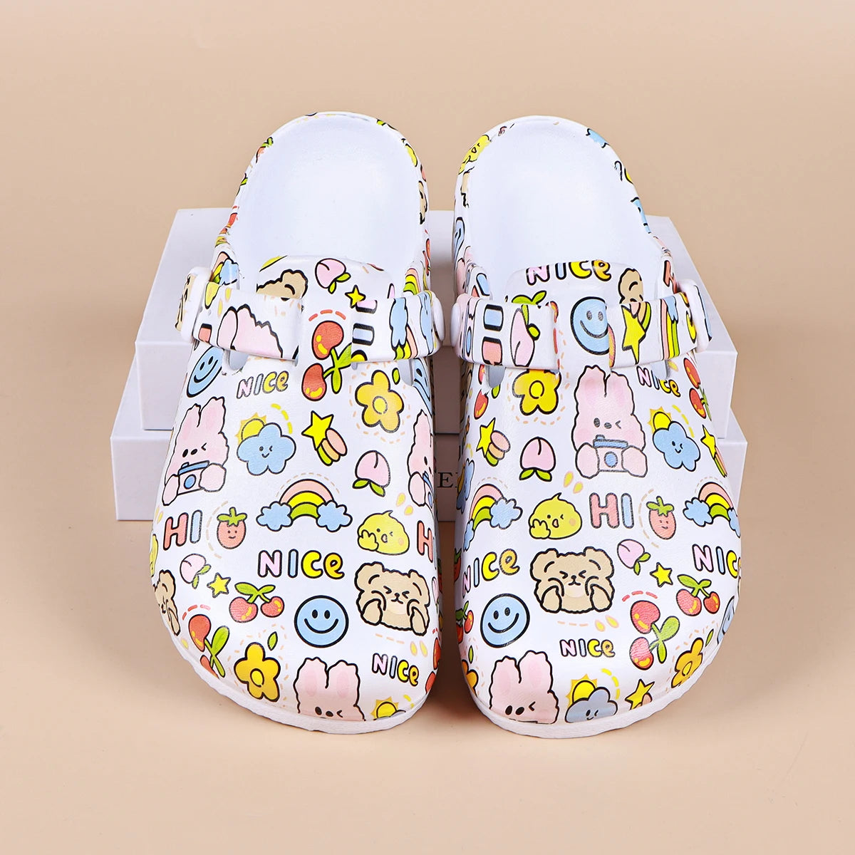 Women Cartoon Print Mule Clogs – Adjustable Buckle Beach Slippers