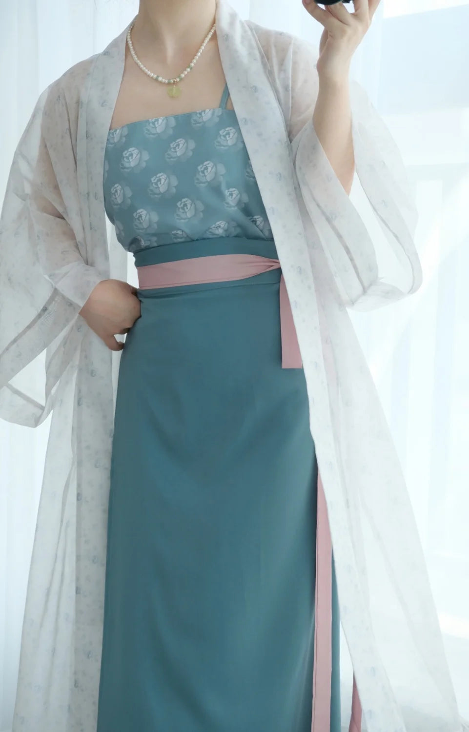 Song Dynasty Hanfu retro three piece outfit in teal and white, featuring floral patterns and elegant layering, ideal for women.