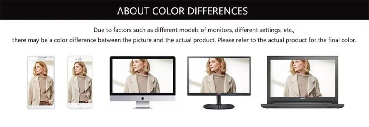 Color difference disclaimer regarding product appearance on various screens and devices.