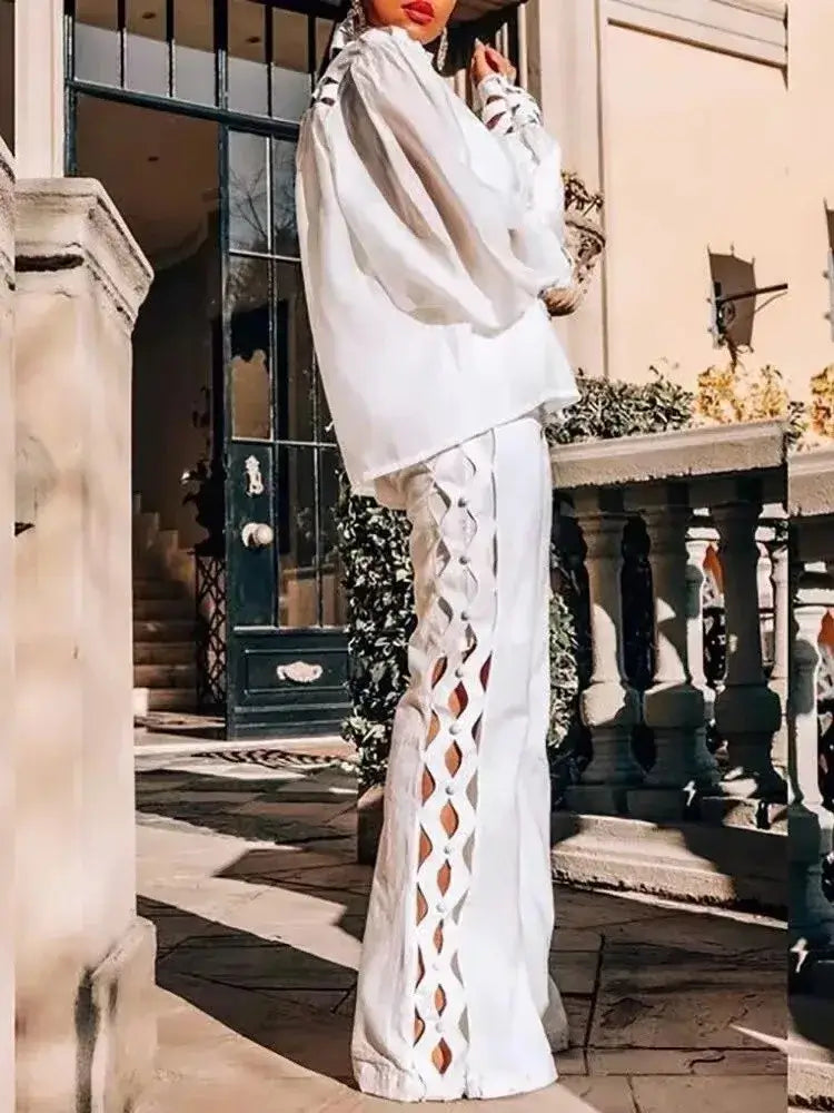 طقم بنطلون واسع الساق للنساء بمقاسات كبيرة