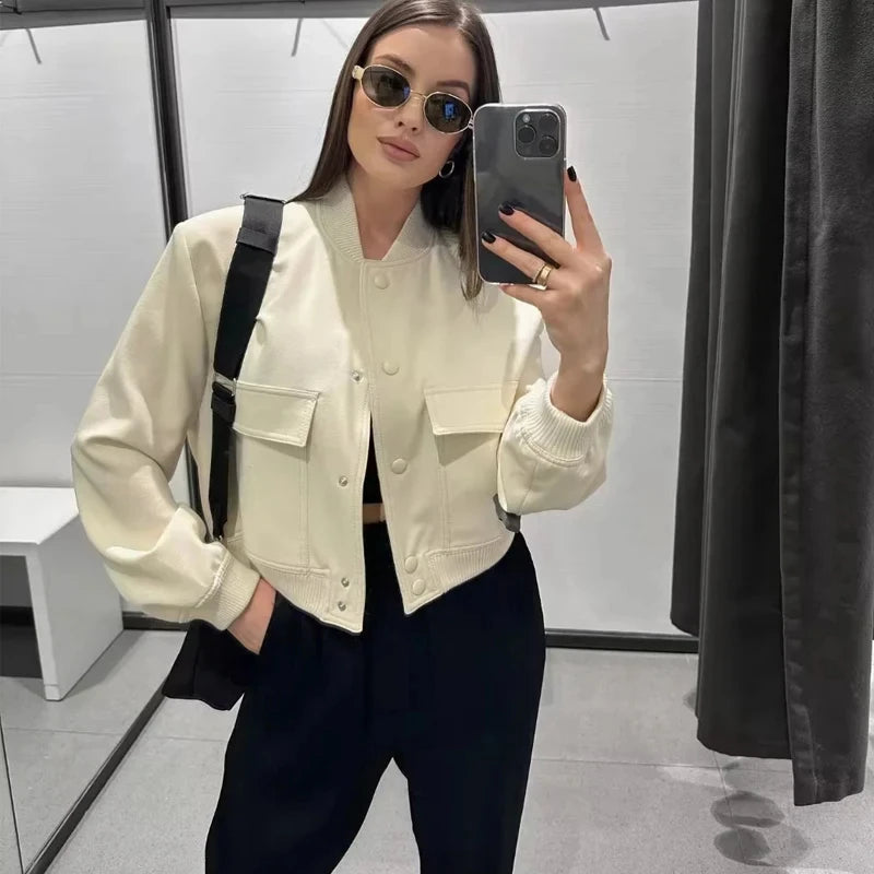 White Cropped Women's Bomber Jacket – Baseball Aviator Coat