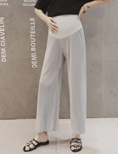 Ice Silk pleated maternity pants in light gray, featuring a loose fit and comfortable waistband, perfect for summer wear.