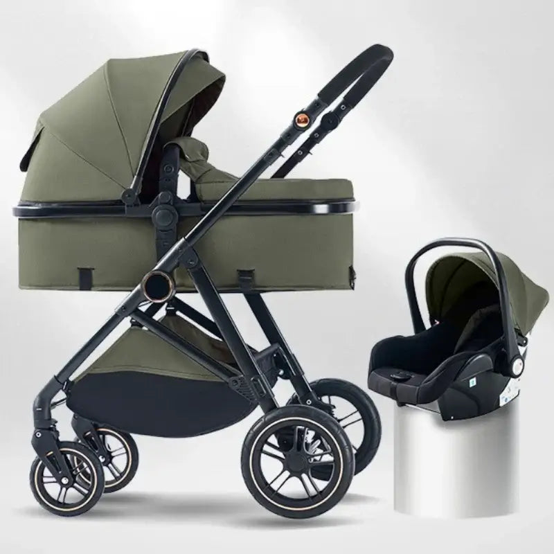 Lightweight baby stroller in green with detachable infant car seat, designed for portability and convenience.
