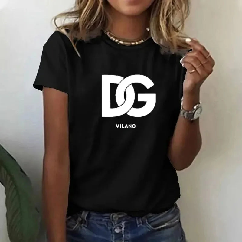 Black DG Milano logo t-shirt worn by a woman, featuring a stylish design and relaxed fit.