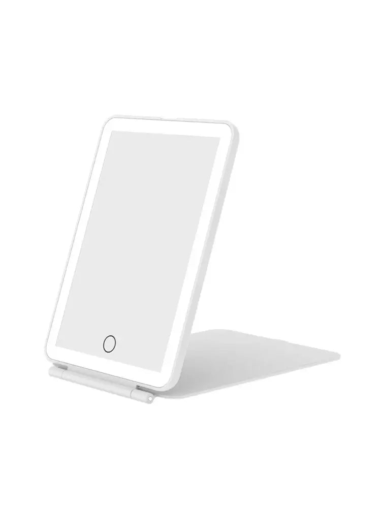 LED foldable travel makeup mirror in white, USB rechargeable, illuminated design for on-the-go beauty.