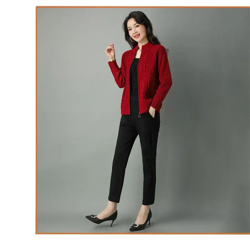 Women Zipper High Collar Knit Cardigan