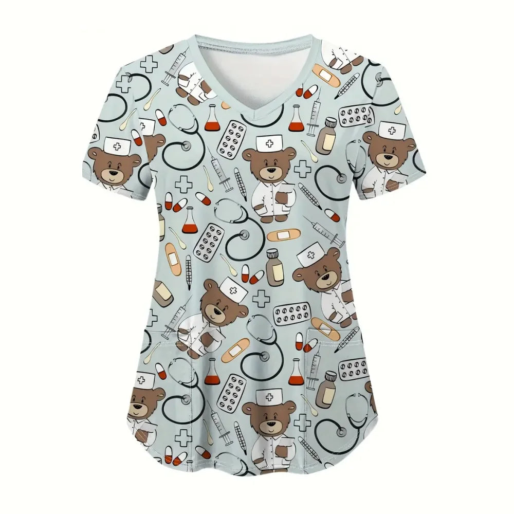 Cartoon animal scrubs for women featuring cute bear and medical patterns, perfect for vet professionals.