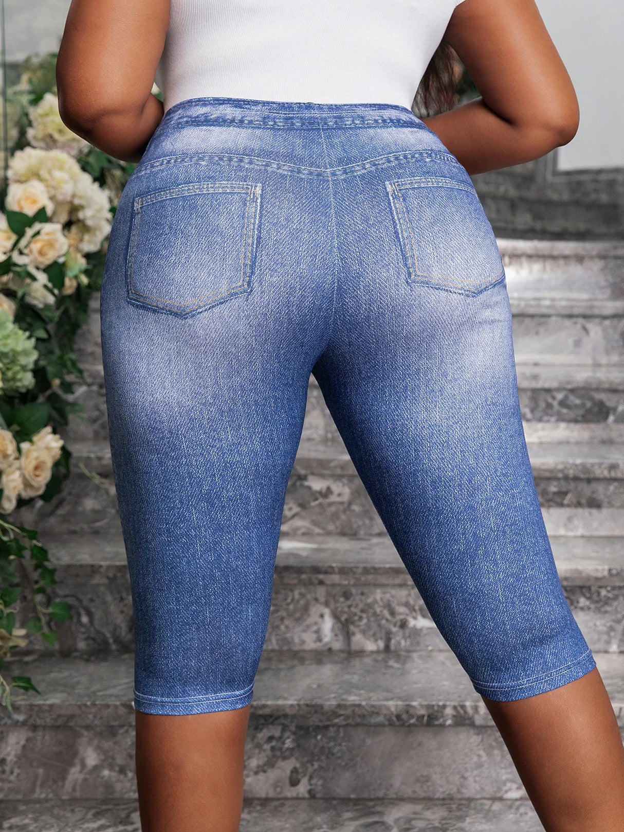 Women Denim Print Capri Leggings