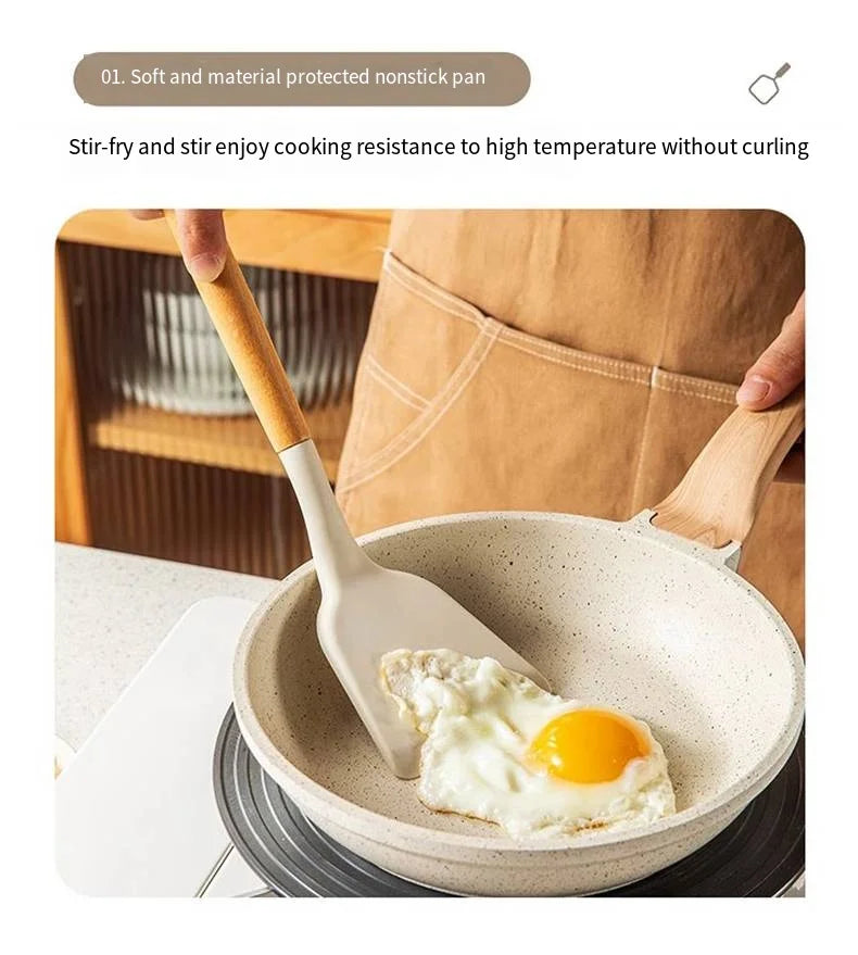 Silicone Cooking Utensil Set with Wooden Handle